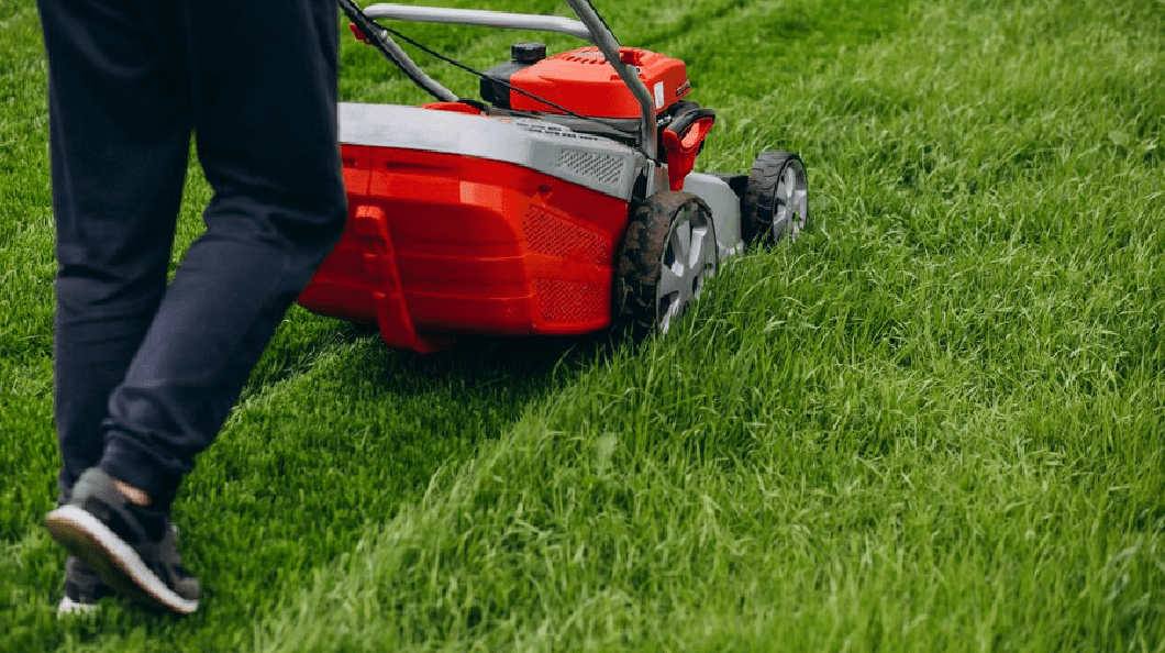 Man cutting grass with lawn mover in the back yard